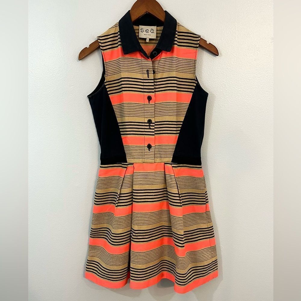 Striped Collared Sleeveless Shirtdress Casual Dress‎